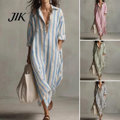 Casual Wear Loose Shirt Dress for Women Long Sleeve V Neck Retro Style Striped Travel Vacation Maxi with Pockets Beach