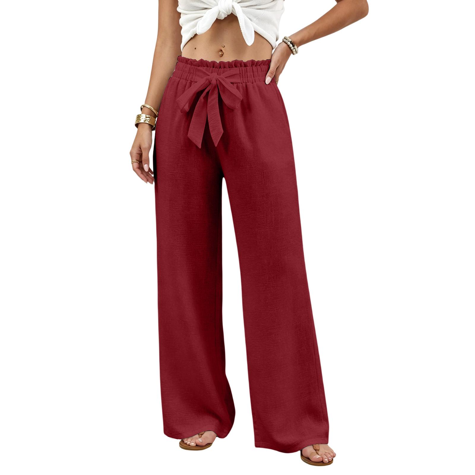 

Women s Casual, Loose-Fit, High-Waisted Cotton-Linen Trousers With Side Pockets XL винний