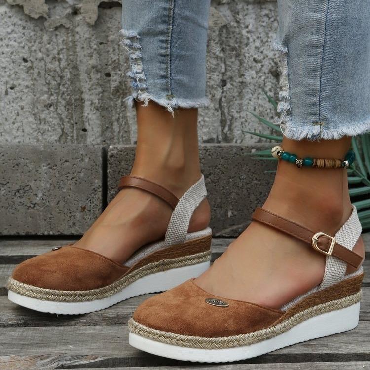 2025 summer new foreign trade large size bag head rear empty slope heel sandals women's hemp rope bottom buckle thick sole women's sandals