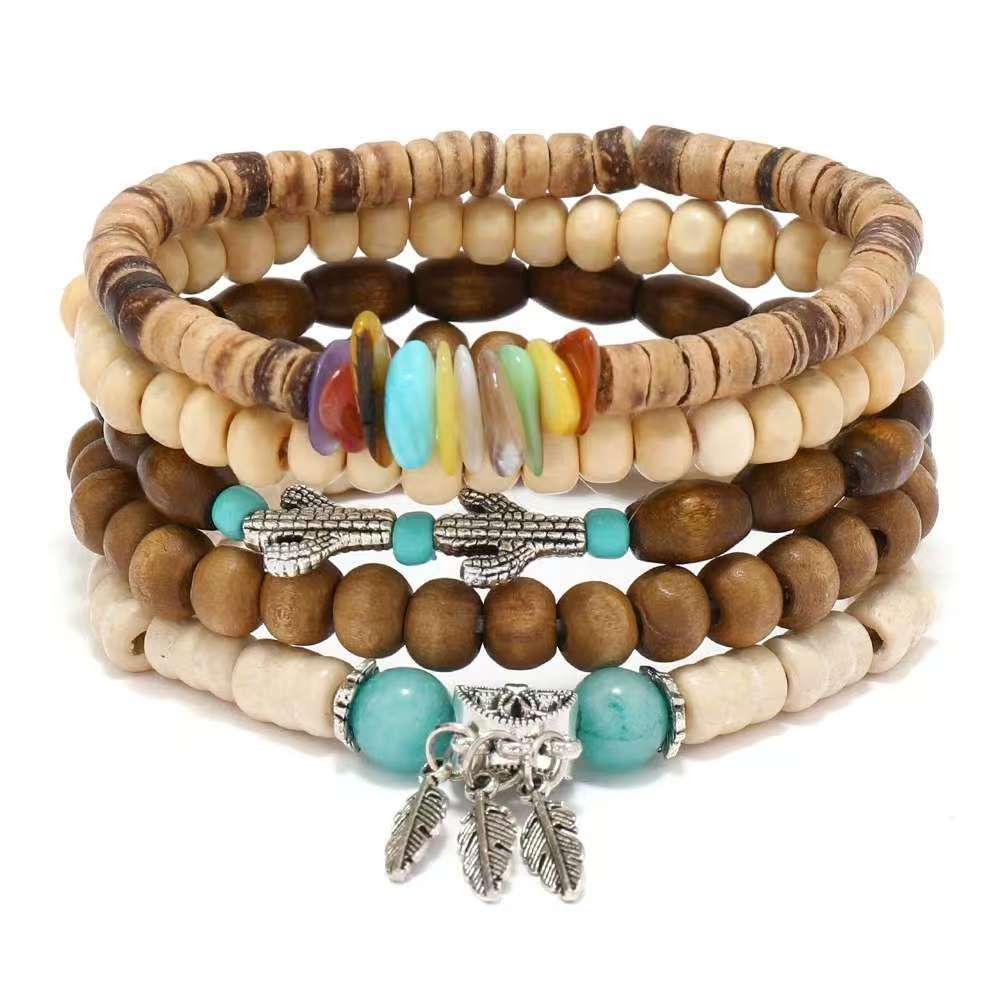 European, American Peace Tree Multi-piece Wooden Bead Beaded Bracelet Retro Simple Men's Personality Stacked Bracelet