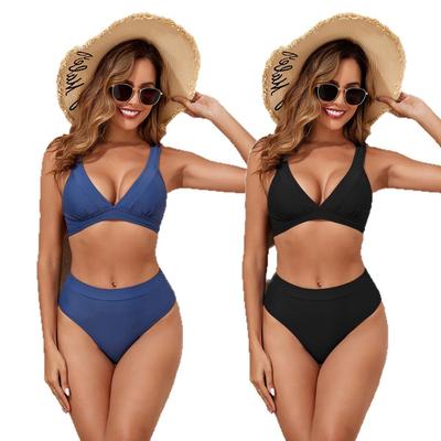 2026 Women's High-Waisted Two-Piece Solid Color Bikini Swimwear