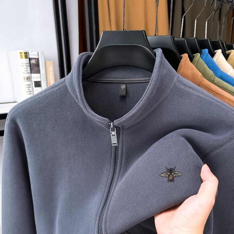 Men's Stand Up Collar Zipper Sweatshirt Winter Plush Thickened Bee Print Coat Fashion Casual Men'swear Top