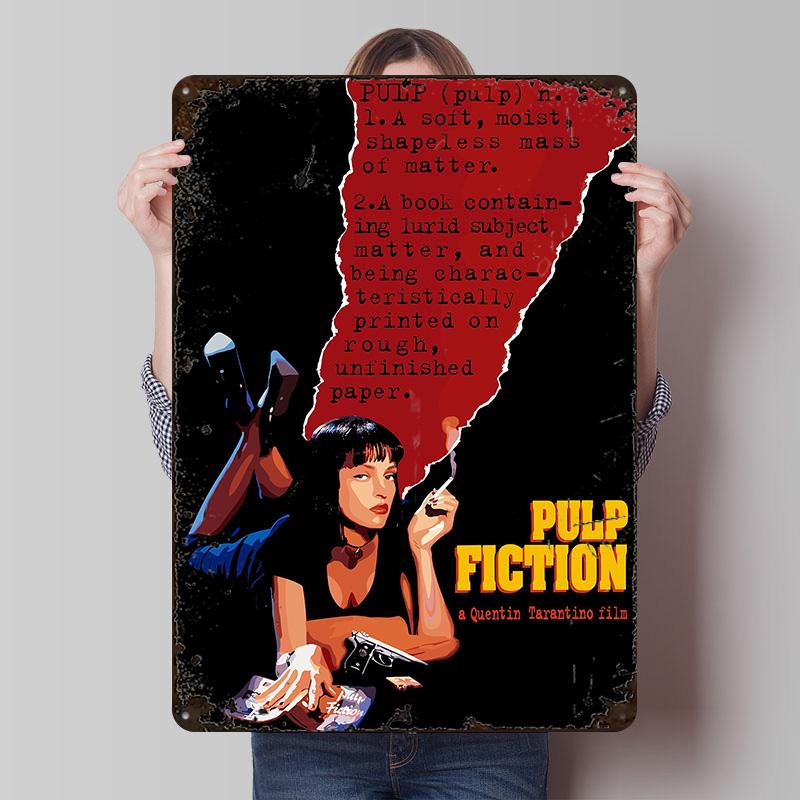 Pulp Fiction Movie Art Poster Customized Wall Art Vintage Metal Signs Retro Tin Plaque for Man Cave Decoration Room Desk Decor