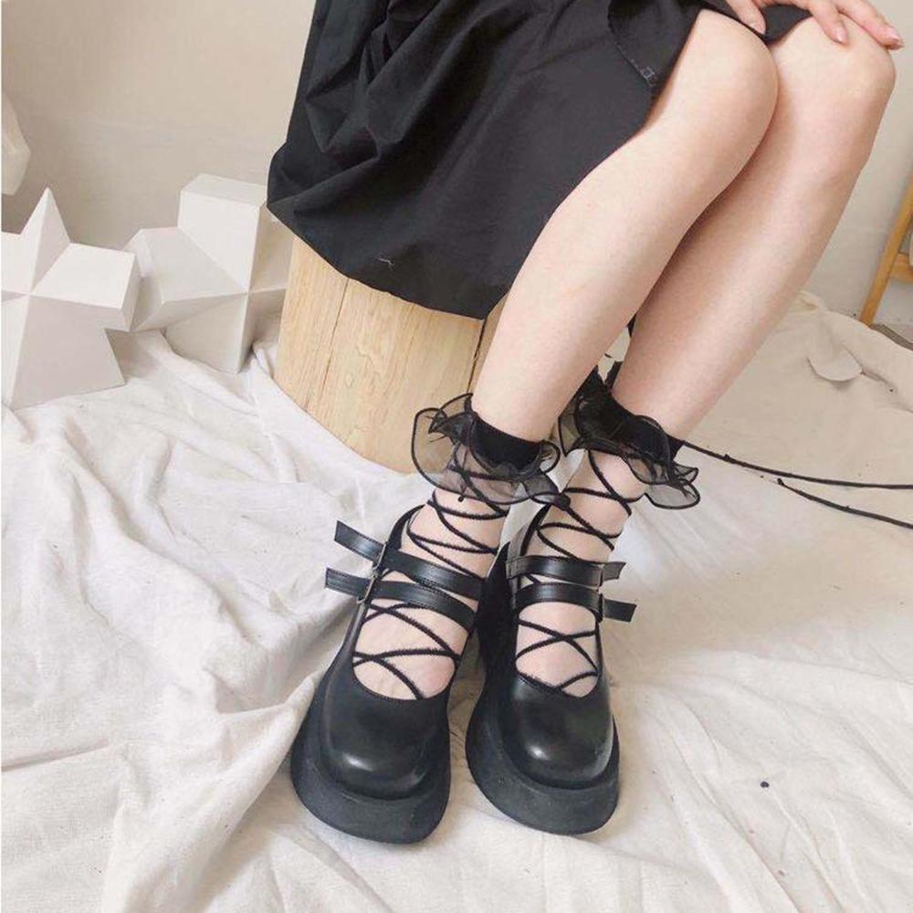 Women Lolita Organza Ruffle Ankle Socks, Summer Sheer Glass Silk Crisscross Strap Mesh Socks, Japanese Sweet Cosplay Short Socks