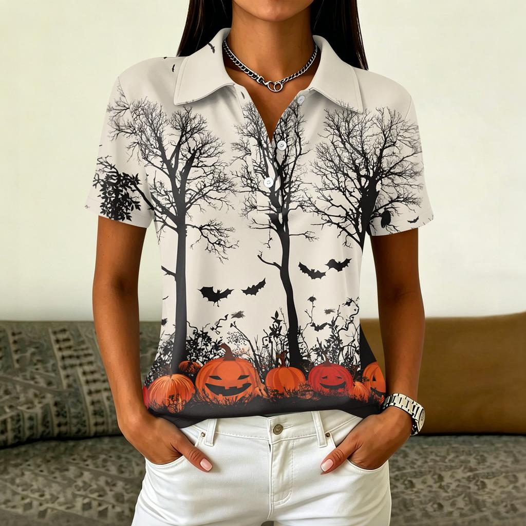 Women's Casual Button Down Short Sleeve Blouse with Halloween Print Lapel