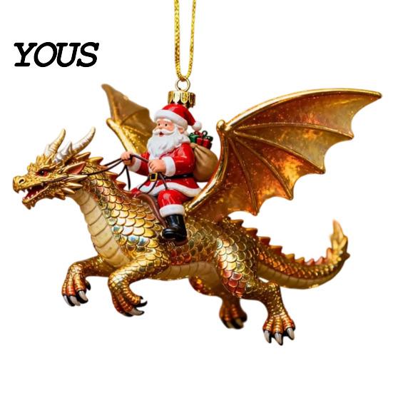 Christmas Tree Hanging Ornament Santa Claus Dragon Rider Ornament, 2D Acrylic Red Resin Pendant with Flying Decorations for Home Parties Decor Unique