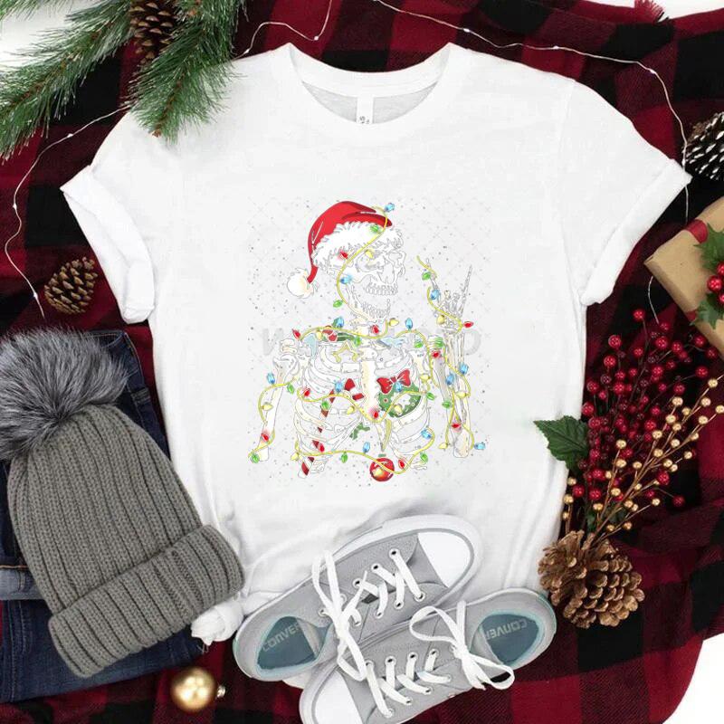Christmas Santa Skull T Shirt Streetwear Unisexs Clothing Trendy Short Sleeve ONeck Tee Top Christmas Lights Skeleton Street Tees