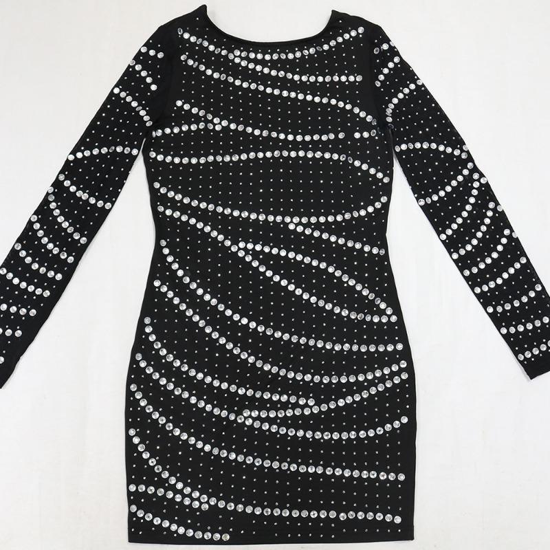 Women's Sexy Round Neck Long Sleeve Hot Drill Bag Hip Party Dress Fashion Halter Short Dress