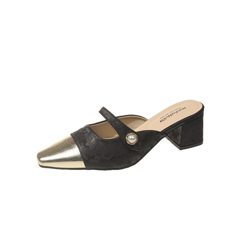 2024 Korean version of spring and summer new new Chinese style splicing bag head half slippers low heel thick heel temperament cool slippers