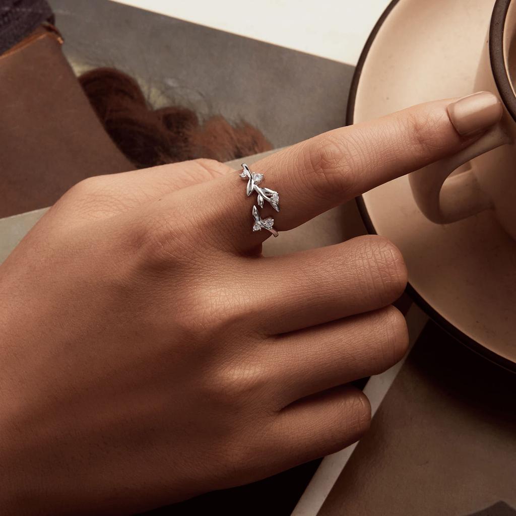 Silver Adjustable Branch Ring Decorated with Crystals, 925 Silver
