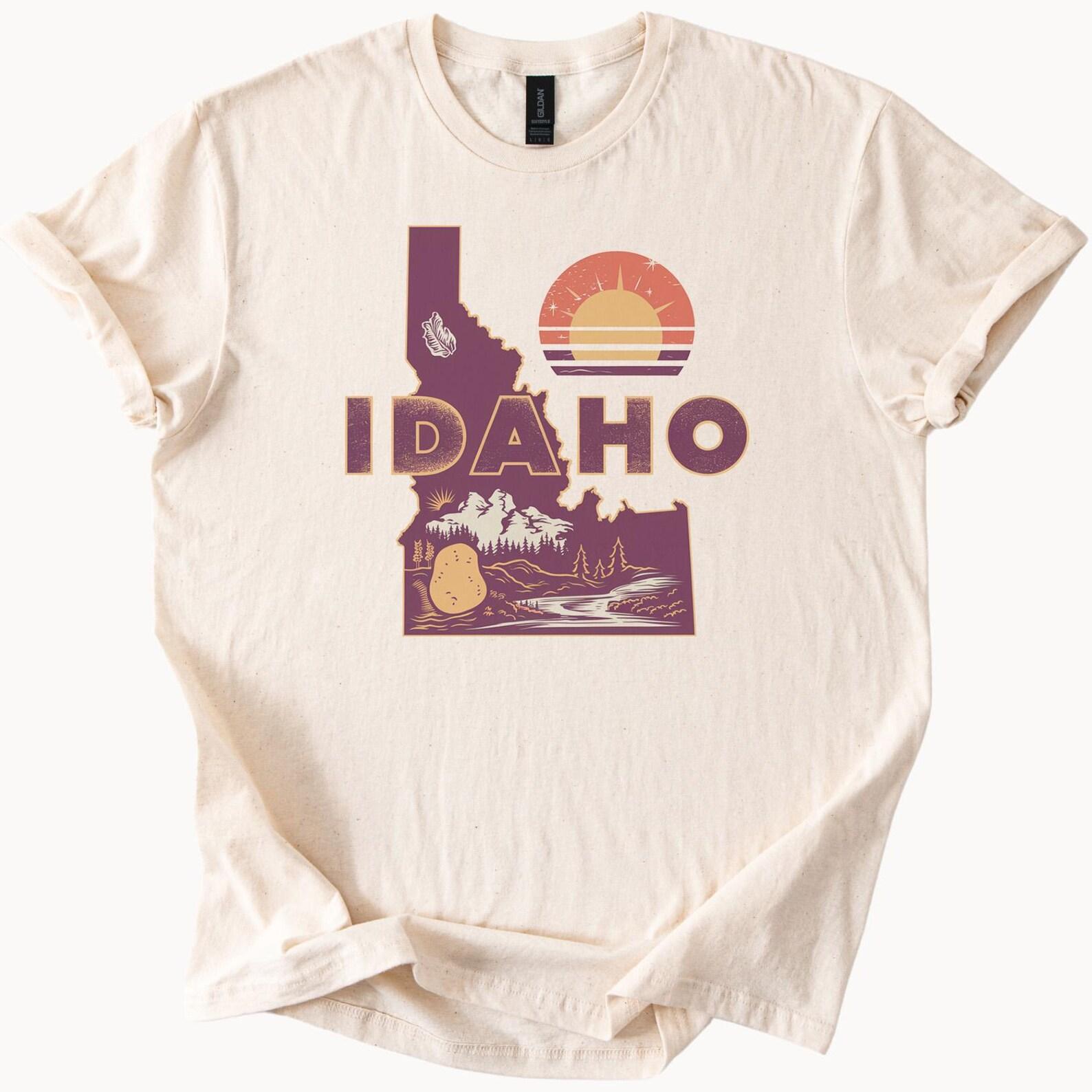 Idaho State Graphic T Shirt Sunset Nature Scene with Potato River and Forest Outline Unique Idaho Gift Shirt for Outdoor Lovers 100