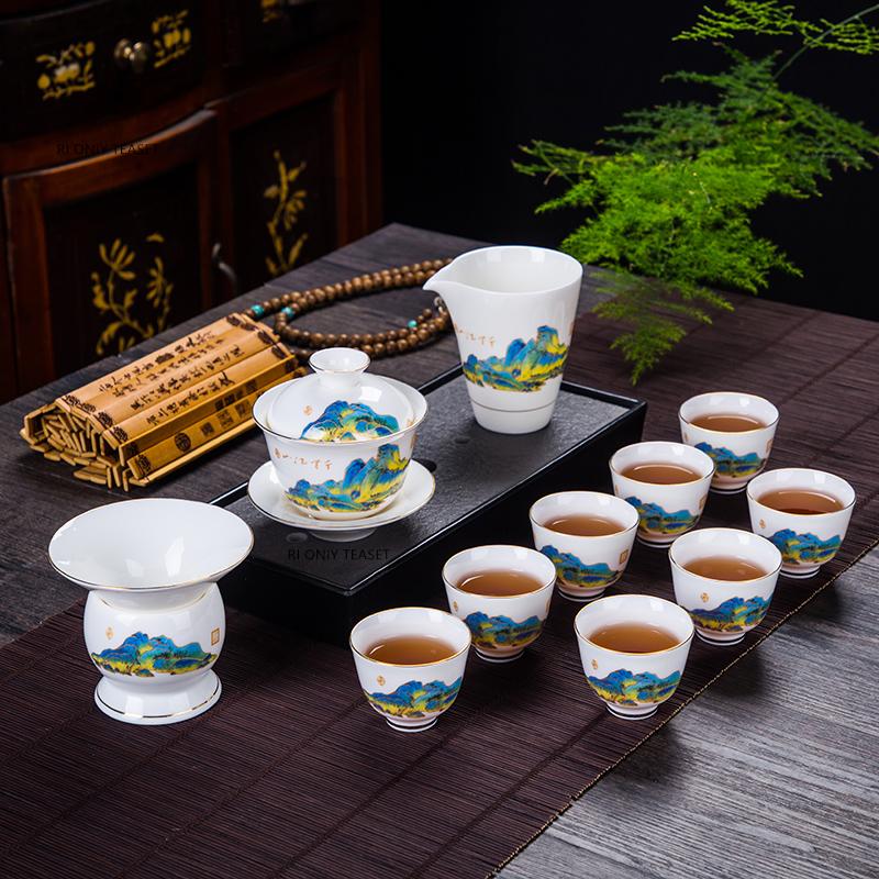 

11 Pcs/set Chinese Ceramics Tea Set Handmade Suet Jade White Porcelain Teapot Bamboo Leaf Gaiwan Kettle Teacup Household Teaware 11 Pcs