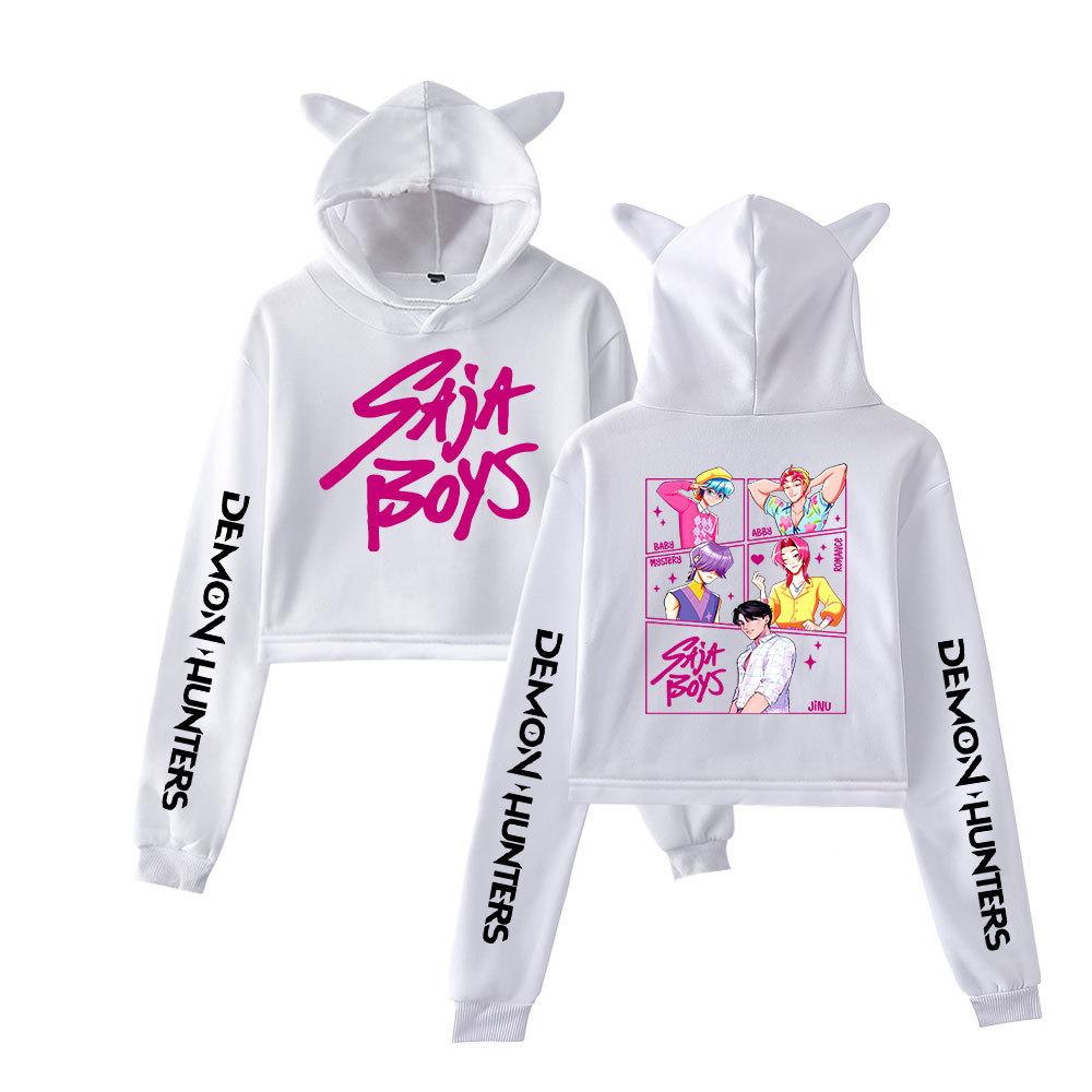 

Женские уличные сексуальные укороченные свитшоты с принтом KPop Demon Hunters, оверсайз, свободные, в стиле харадзюку, корейские повседневные топы XS белый