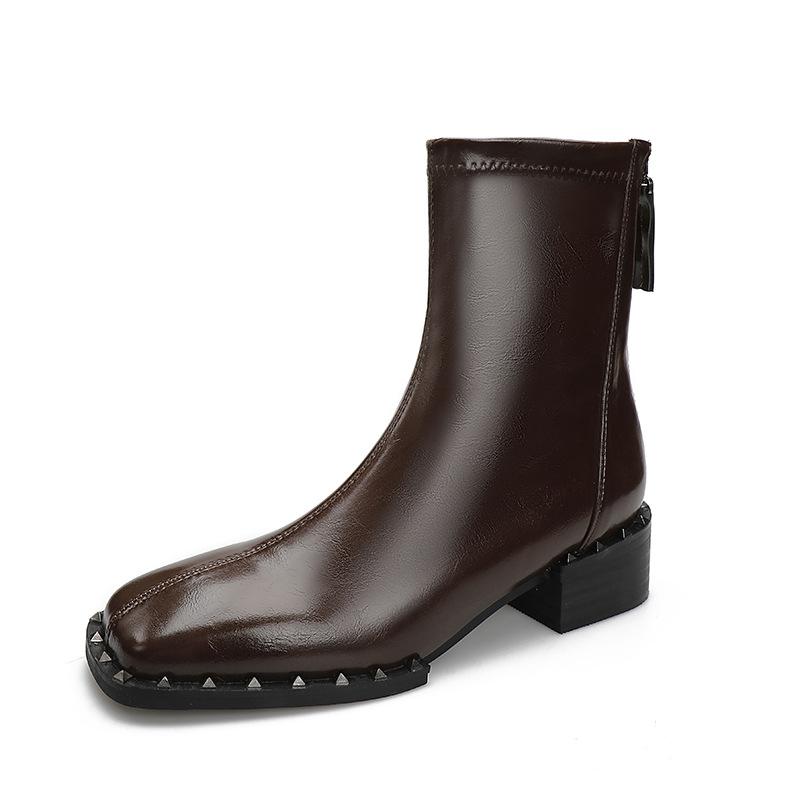 Martin Boots Damenstil neue Damenstiefel Nieten Einzelstiefel Retro mittlerer Schaft eckige Spitze dicker Absatz kurze Stiefel