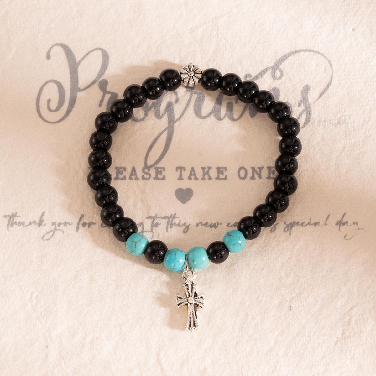 

Vintage Ethnic Style Black Beaded Bracelet with Imitation Turquoise Cross - Light Luxury High-End Fashion Accessory