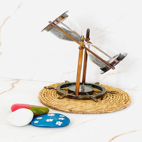 17.78 Cm Brass Hourglass Sand Timer with Compass Wheel Office Decor Gift