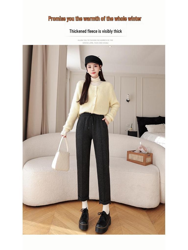 Women's High Waist Fleece Lined Woolen Warm Carrot Pants
