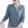 Middle Age Mom Spring Autumn V Neck Knit Top Women Elderly Casual Blouse Base Layer Shirt