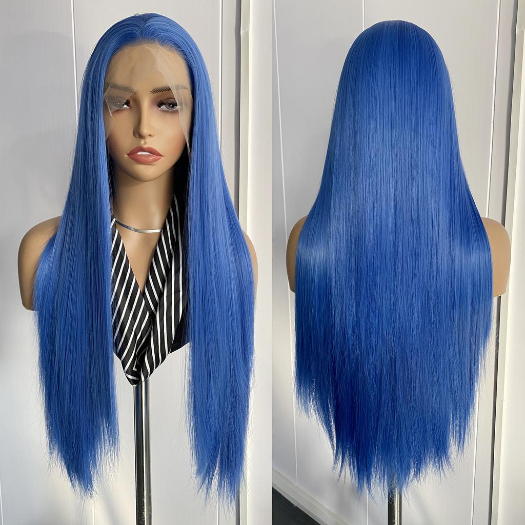 Blue Lace Front Wig Long Silky Straight Synthetic Lace Hair Heat Resistant Natural Hairline Daily Use Cosplay Wigs for Women