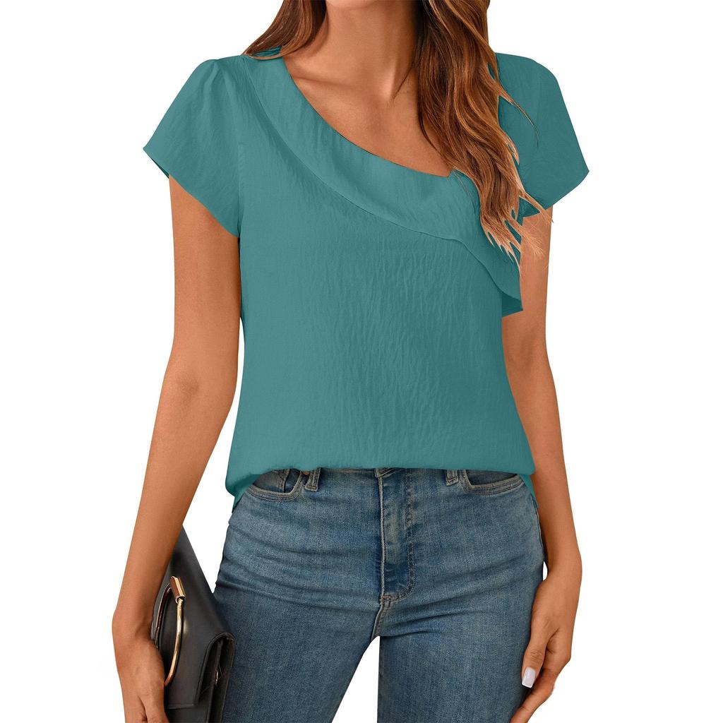 Womens Flowy Tunic Tops Short Sleeve Shirts Round Neck Ladies Blouses Summer Fashon