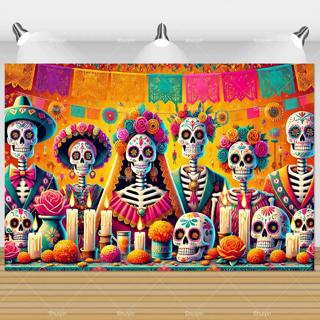 Tło Fotograficzne Dzień Zmarłych Czaszka Nagietek Meksykańska Fiesta Día De Los Muertos Dekoracja Artykuły Imprezowe Akcesoria do Studio Fotograficznego