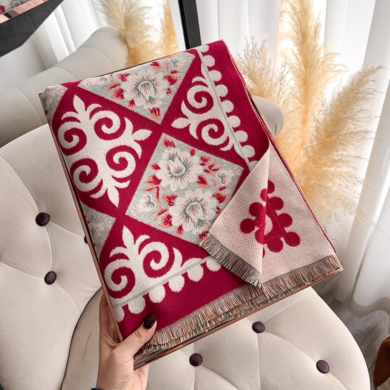 New Autumn and Winter Vintage Two-Tone Patchwork Printed Scarf, Faux Cashmere, Warm and Stylish Neck Wrap, Trendy Large Shawl