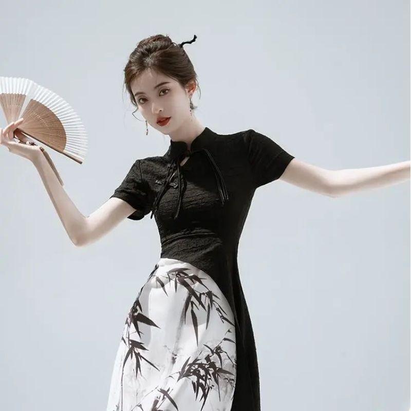 Letní retro čínský styl vylepšené dámské šaty Cheongsam černým inkoustem