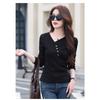 Spring Autumn V-neck Solid Color T-shirt Women Long Sleeve Chic Buttons Pullover Top Female Slim Bottomed Tee