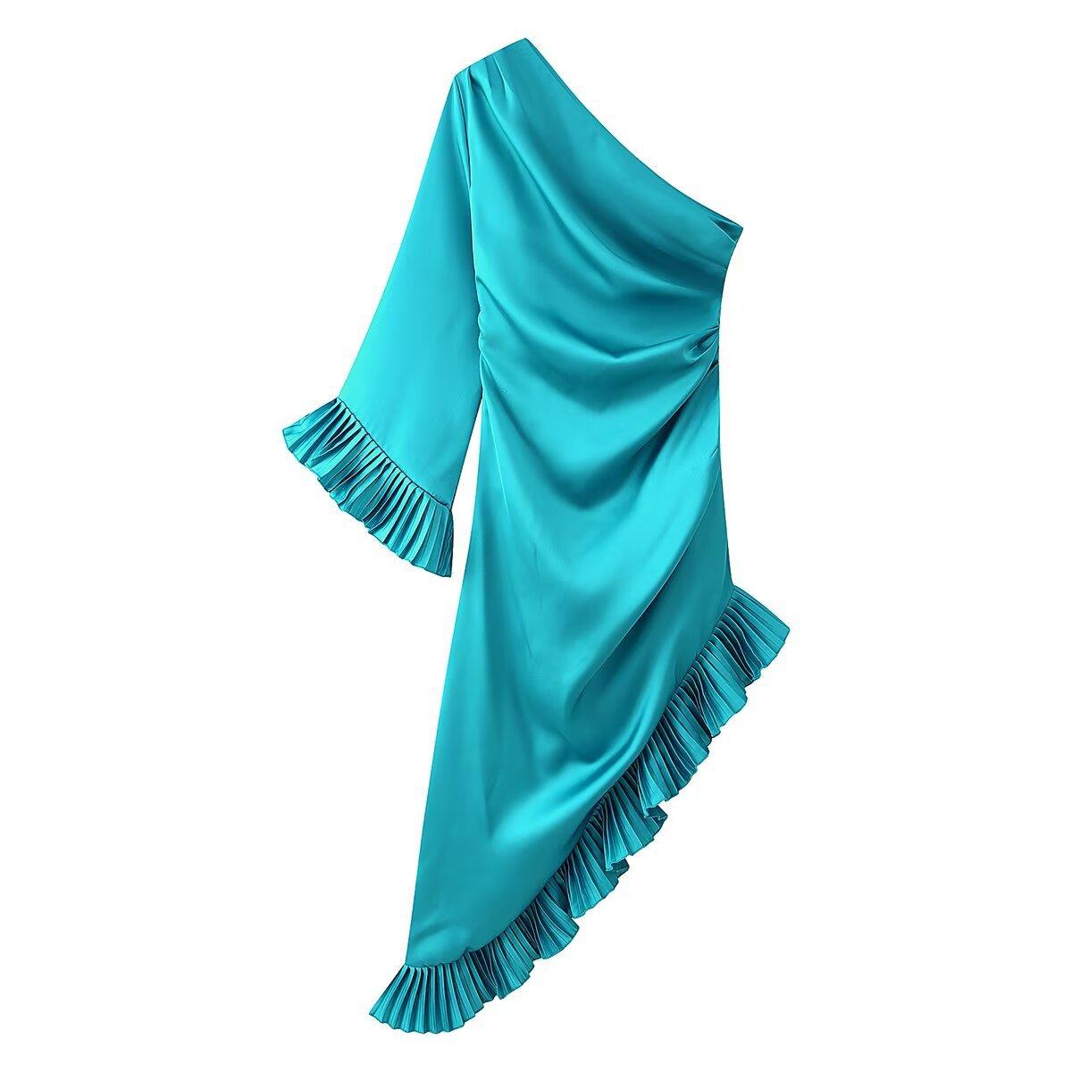 European and American Style New Women s Fashionable Satin Pleated Ruffled Asymmetrical Shoulder One-Sleeve Dress S небесно-голубой