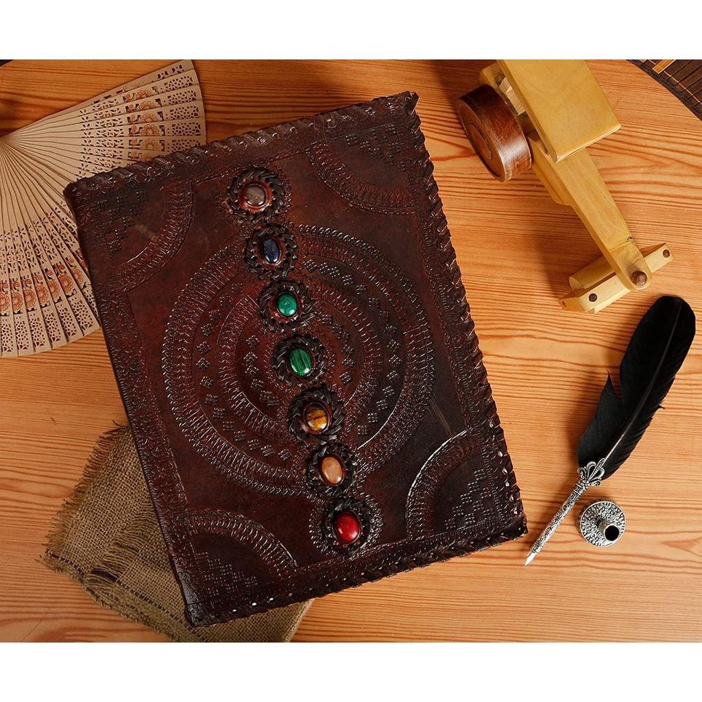 Fat Leather 600 Pages Journal Large Seven Stone Kožený zápisník Prázdný Ručně vyrobený Book Sketchbook Každodenní použití (10*13 palců)