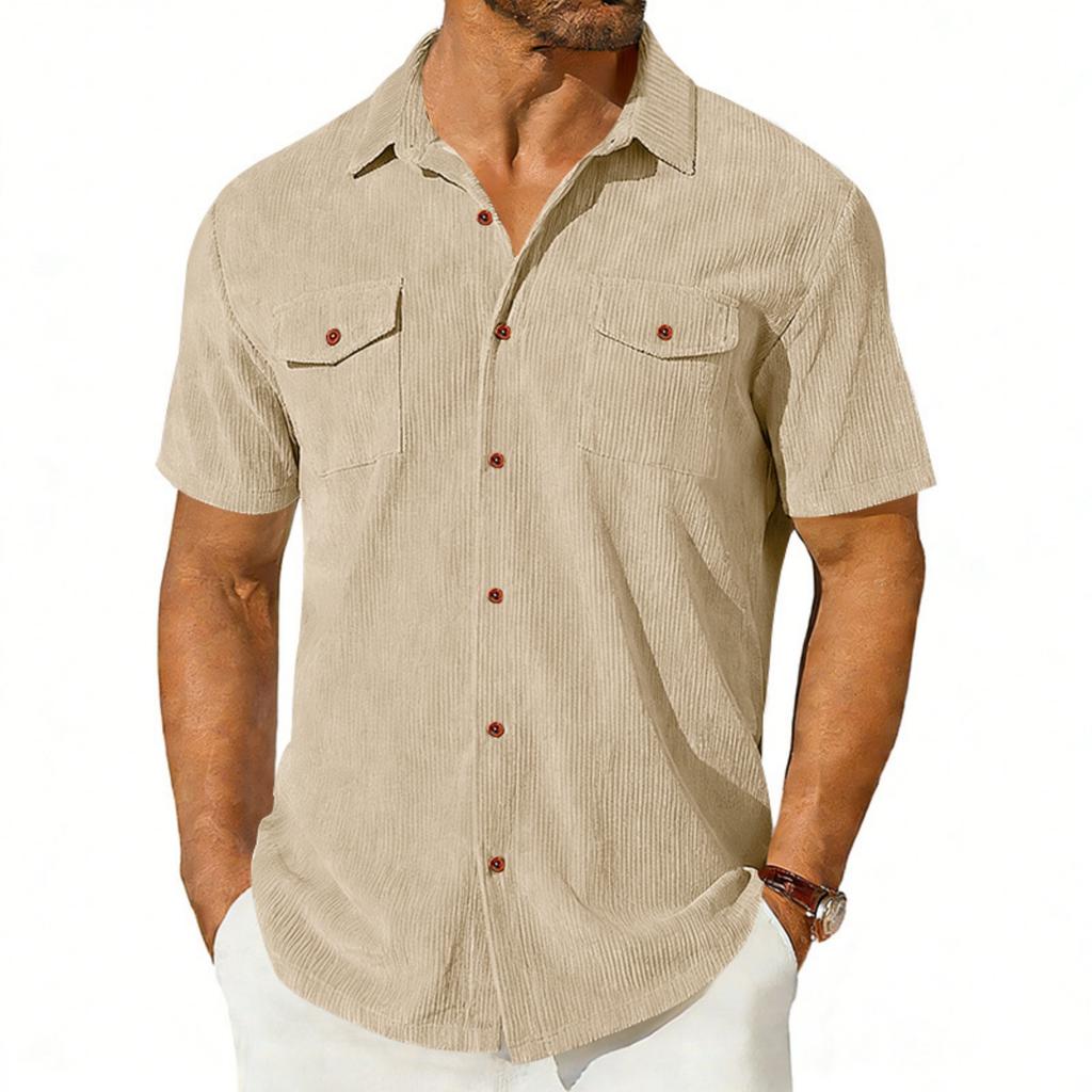 Camisa de pana americana pesada para hombre, de manga corta, holgada, para exteriores, con solapa y bolsillos de carga