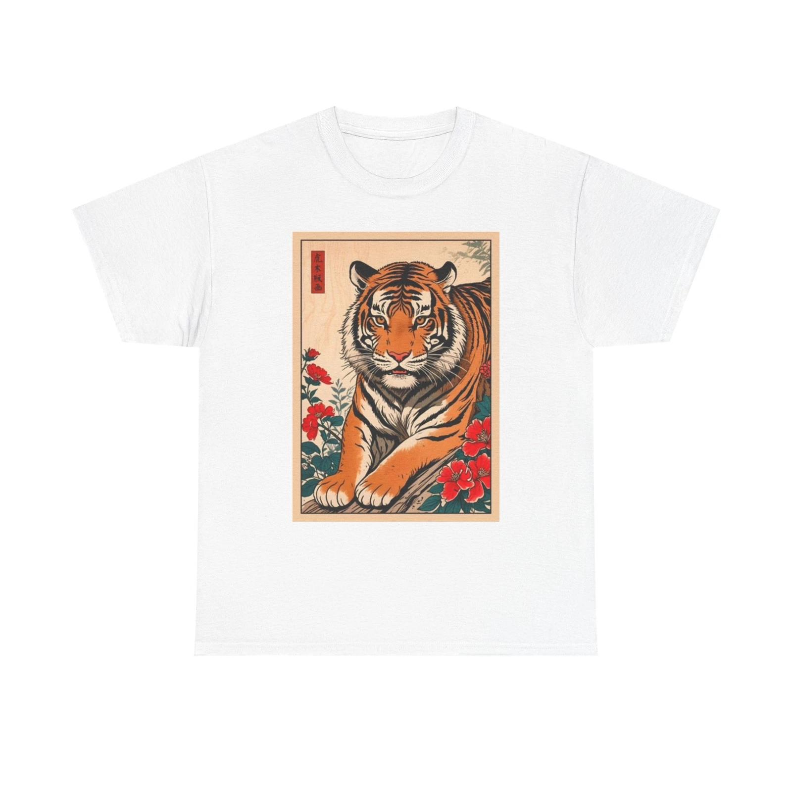 Men s and Women s T-shirts Tiger Postcard Japanese Art Zoo Flower Graphic XL