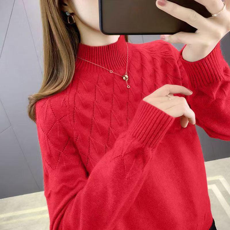 Women's Loose Half-High Neck Knit Sweater - Solid Color, Versatile Autumn/Winter Pullover