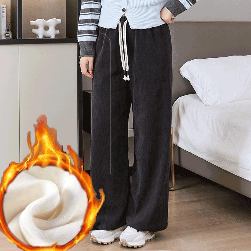 Pants for Women Plus Size Thickened Stretchy Elastic High Waist Long Trousers Solid Colour Fleece Casual Wide Leg Pants