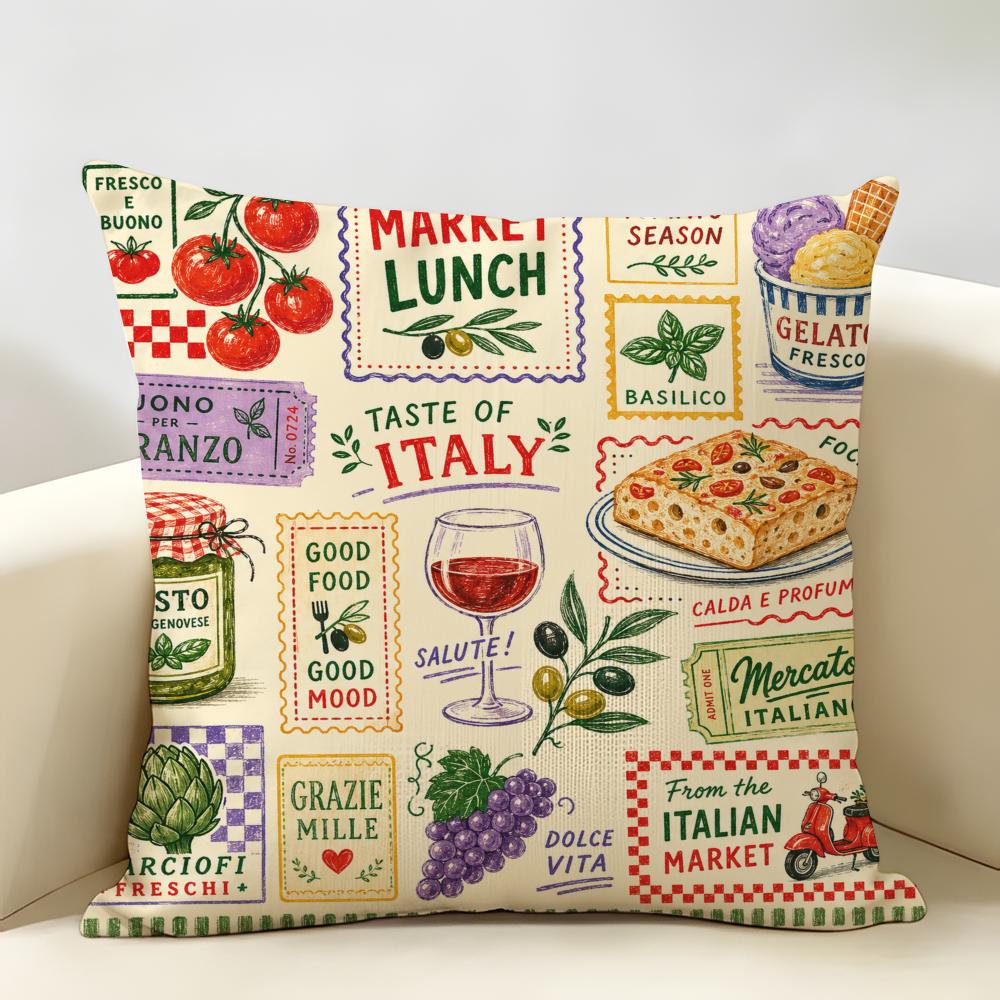 Food Fruits Desserts Puzzle Pattern Cushion Cover Natural Linen Organic Fabric Double-Sided Printing Breathable For Home Decor