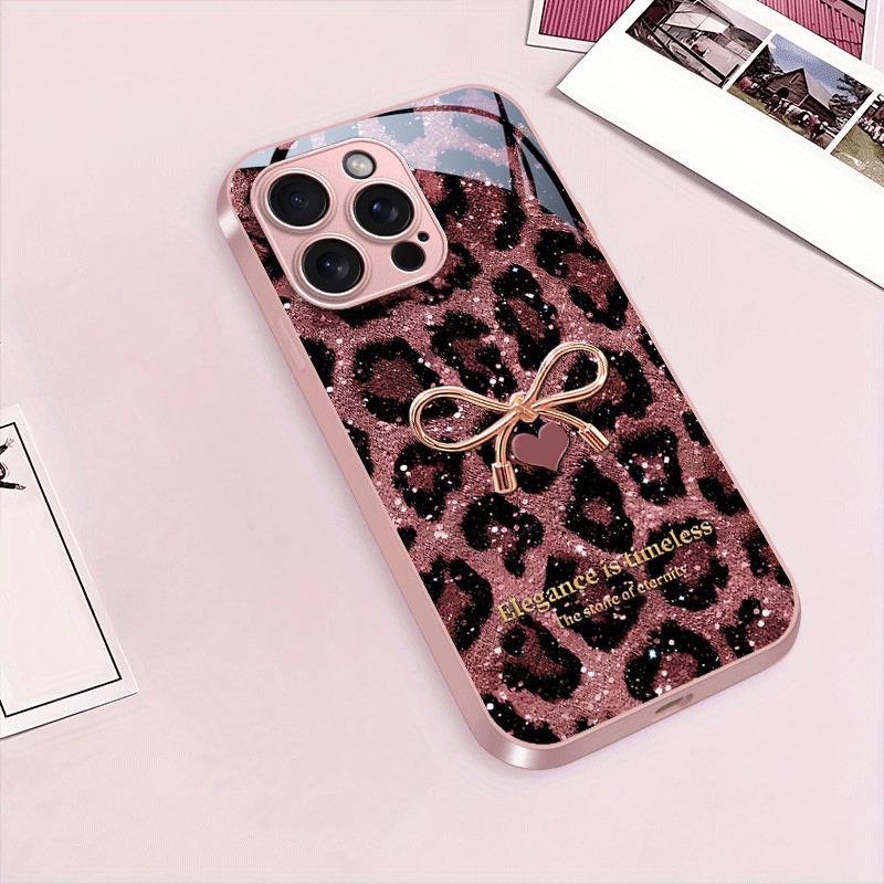 Pink Leopard Print Bow Pattern Metallic Paint Glass Phone Case For iPhone 17 16 15 14 13 12 11 Pro Max 15 Plus 17 Air 16E Cover