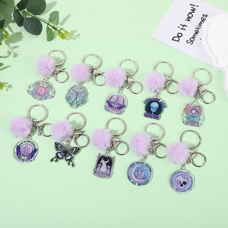 Acrylic Faux Rabbit Fur Halloween Keychain Alien Butterfly Women Key Ring Tarot Card Elk Keychain