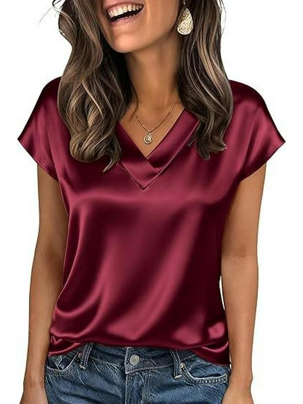 2026 Spring/Summer Solid Color V-neck Satin Casual Women's T-shirt