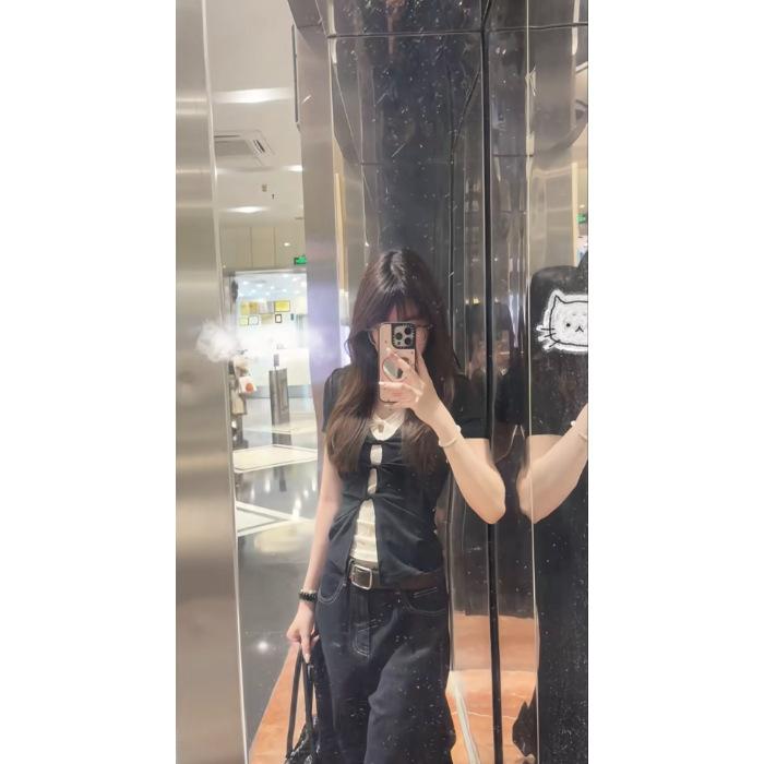 Song Jung-eun black polka dot fake two-piece lace front shoulder short-sleeved T-shirt women's summer Korean slim-fit design top