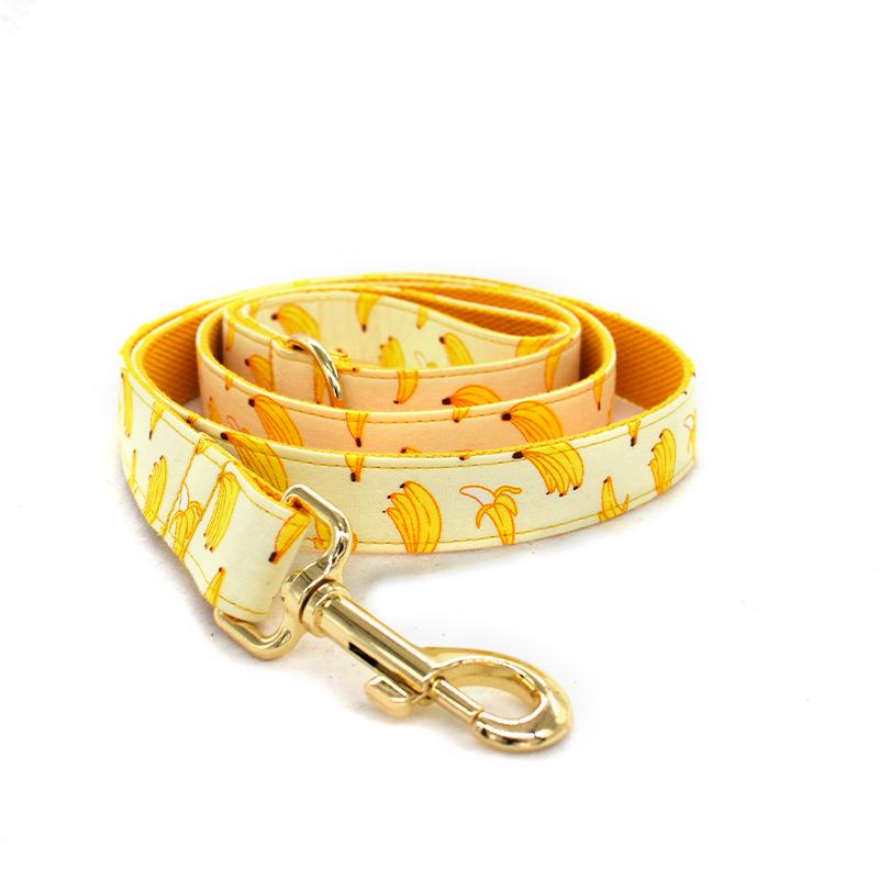 Yellow Banana Pet Collar and Leash Set with Engravable Golden Metal Buckle, 1.5m