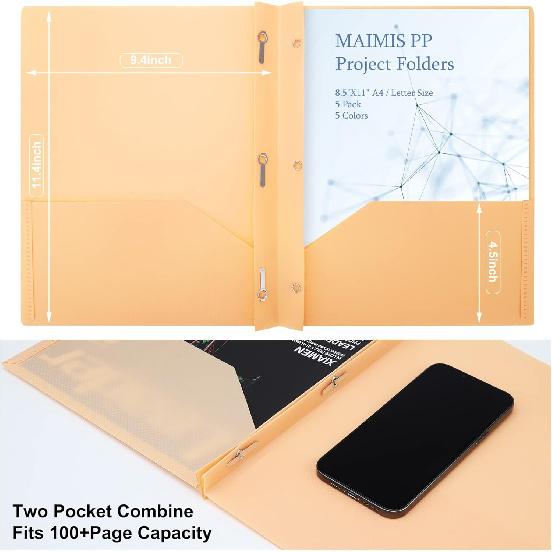 Plastic File Folders with Pockets - (5 Pack, Assorted Colors) Heavy Duty 3 Hole Two Pocket Folder with Pockets 3 Prong Folders A4 Letter Size Colored