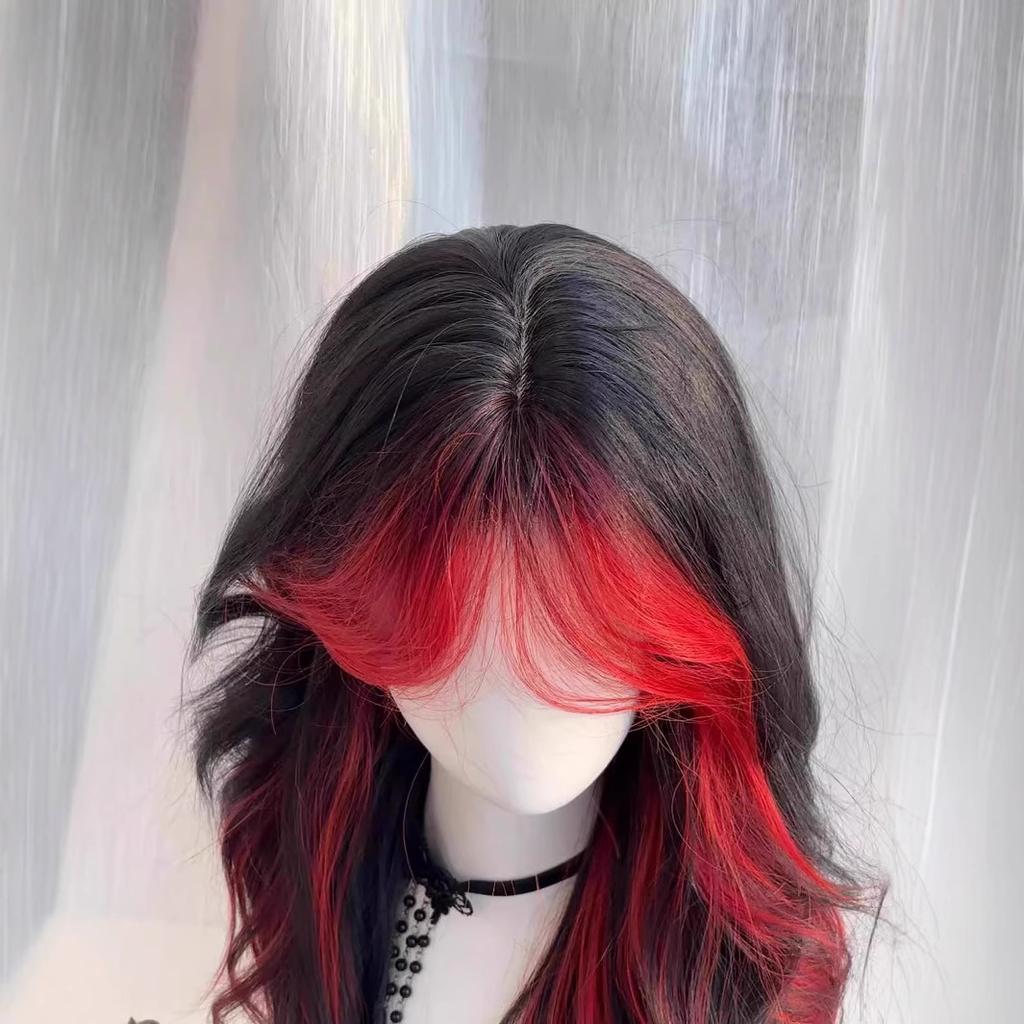 Bloody Mary: Wig Punk Style Black Red Bangs Dyed With A Split Figure Eight Cross Long Curly Hair Headband Wigs