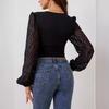 Chiffon Lantern Sleeve Splicing Pleated Waisted V-Neck Long Sleeve T-Shirt Slim Top Women Versatile Closet Essential Fashion Items Shirt