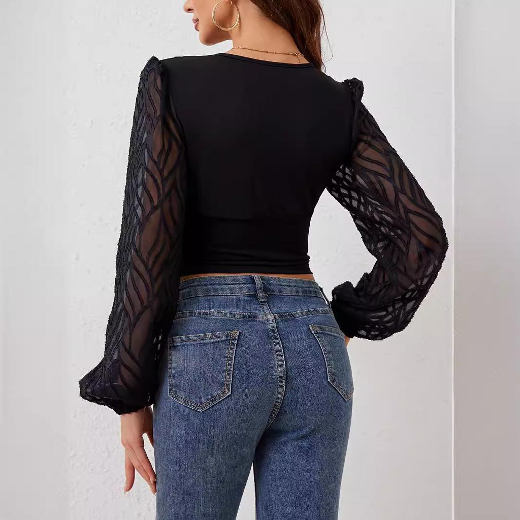Chiffon Lantern Sleeve Splicing Pleated Waisted V-Neck Long Sleeve T-Shirt Slim Top Women Versatile Closet Essential Fashion Items Shirt