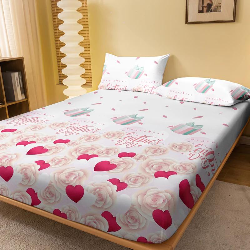 

Simple Modern Plant Flower Heart-Shaped Printed Fitted Sheet Matte Bed Cover Bedding Set for Bedroom Decor 71x132cm