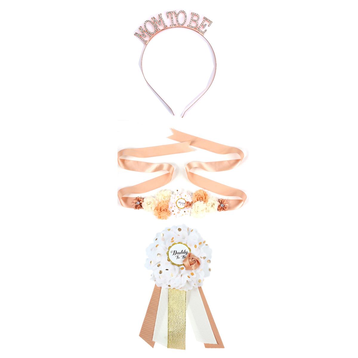 

3 шт./компл., пояс для платья Mom To Be, инкрустированный бриллиантами ободок для волос, цветочный значок для будущего папы, украшение для детского душа, день рождения, товары для вечеринок