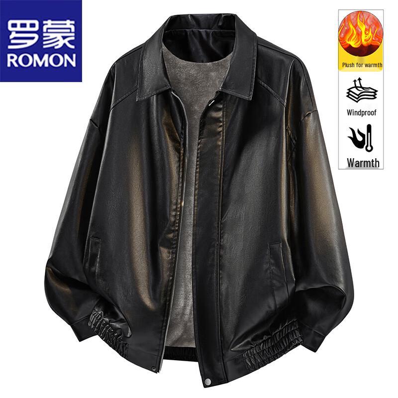 ROMON Men's Turn-down Collar Faux Leather Padded Jacket