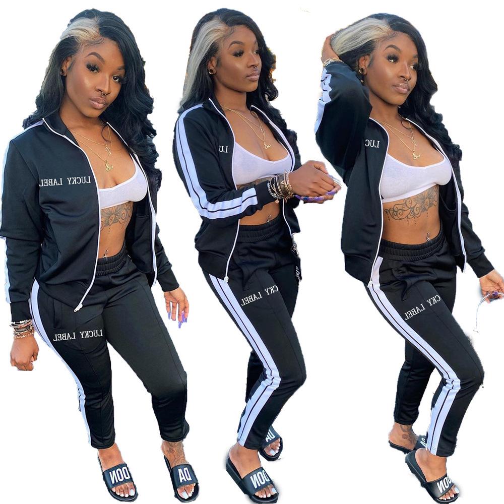 European and American Women's Fashion Letter Embroidery Zipper Sport Casual Two-Piece Set