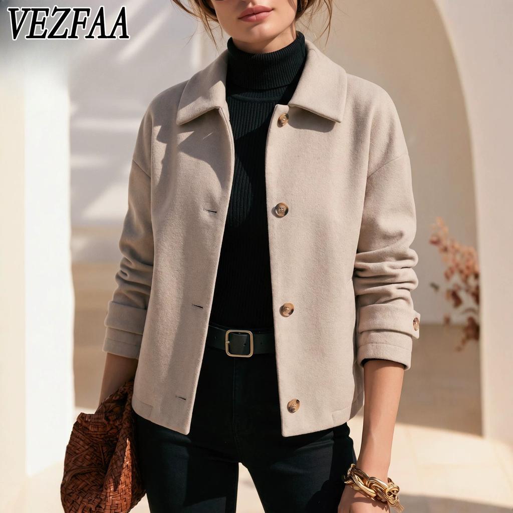 VEZFAA Moda Feminina Casual Cor Sólida Estampado Outono Inverno Manga Longa Jaquetas e Casacos com Gola POLO