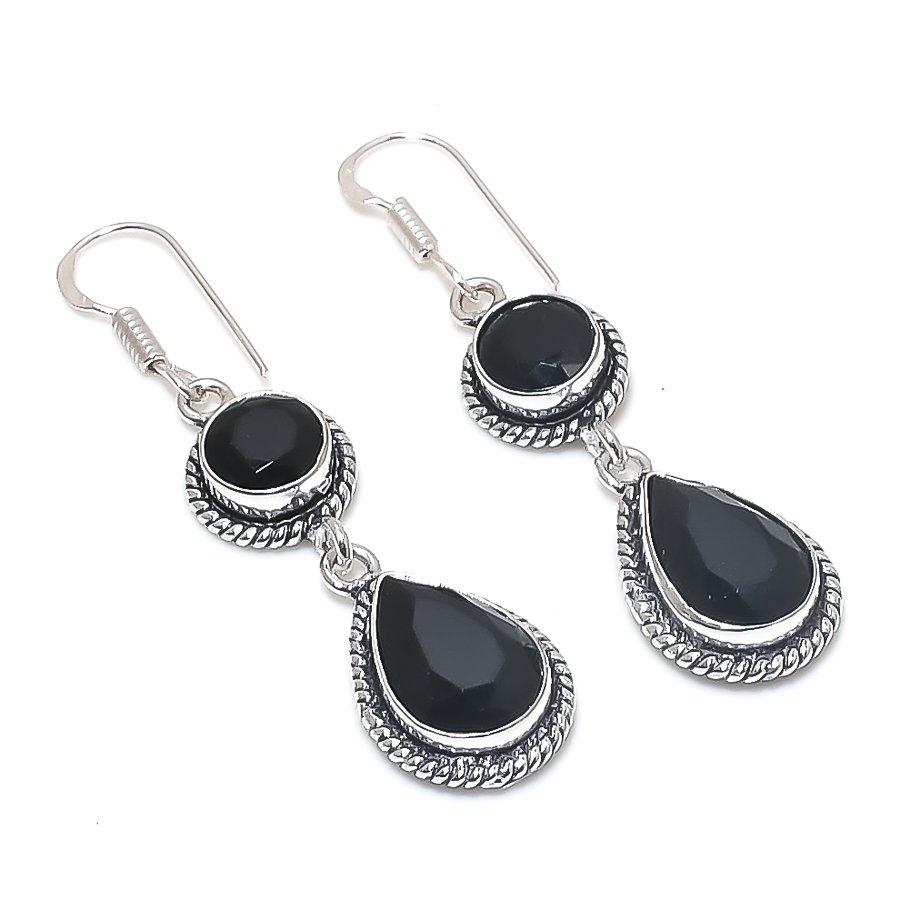 Natural Black Spinel Gemstone Handmade 925 Sterling Silver Earring 2.17" R7y03